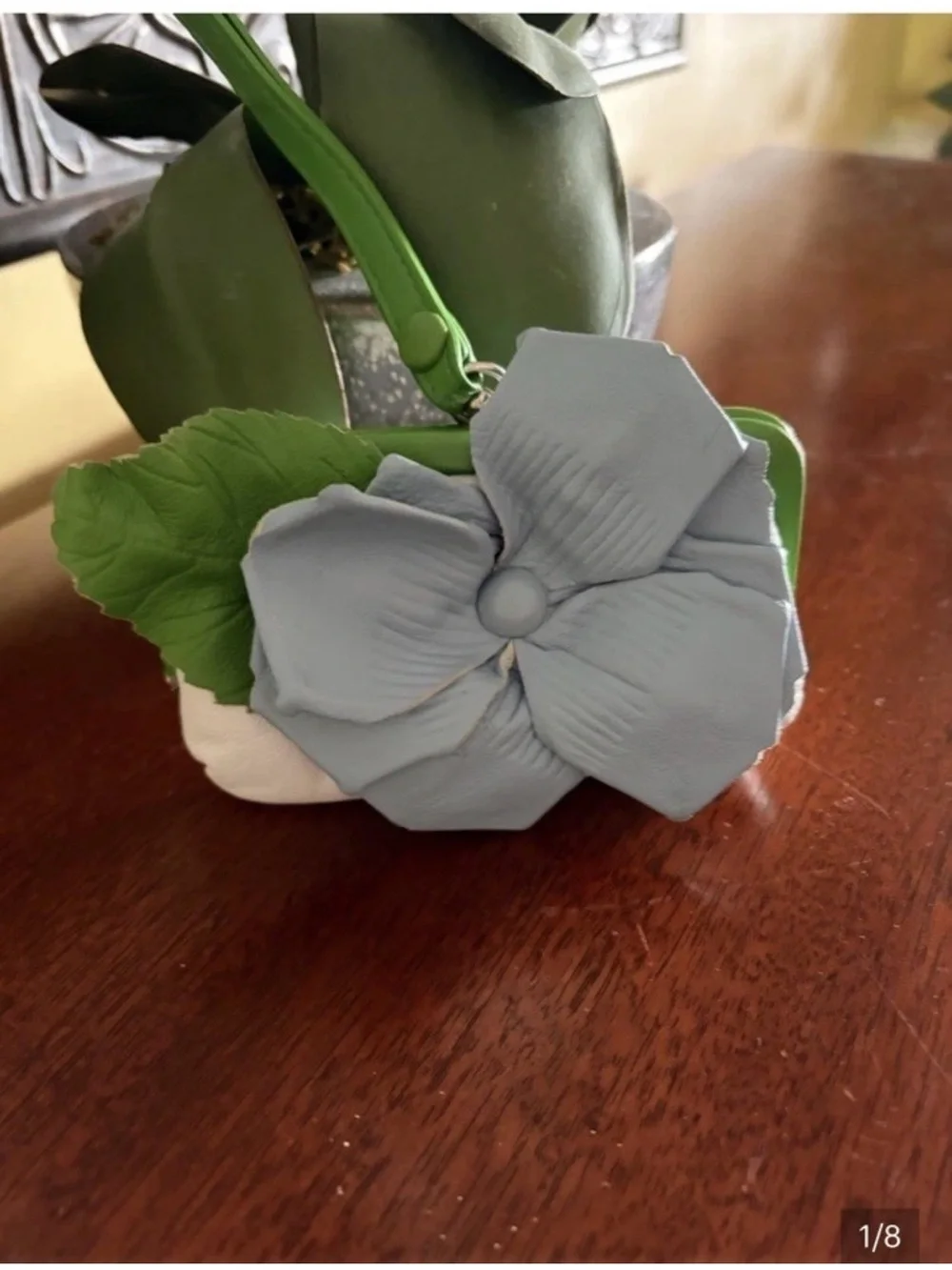 Isabella Fiore Coin Purse Light Blue Floral Wristlet with Green Leaf Accent